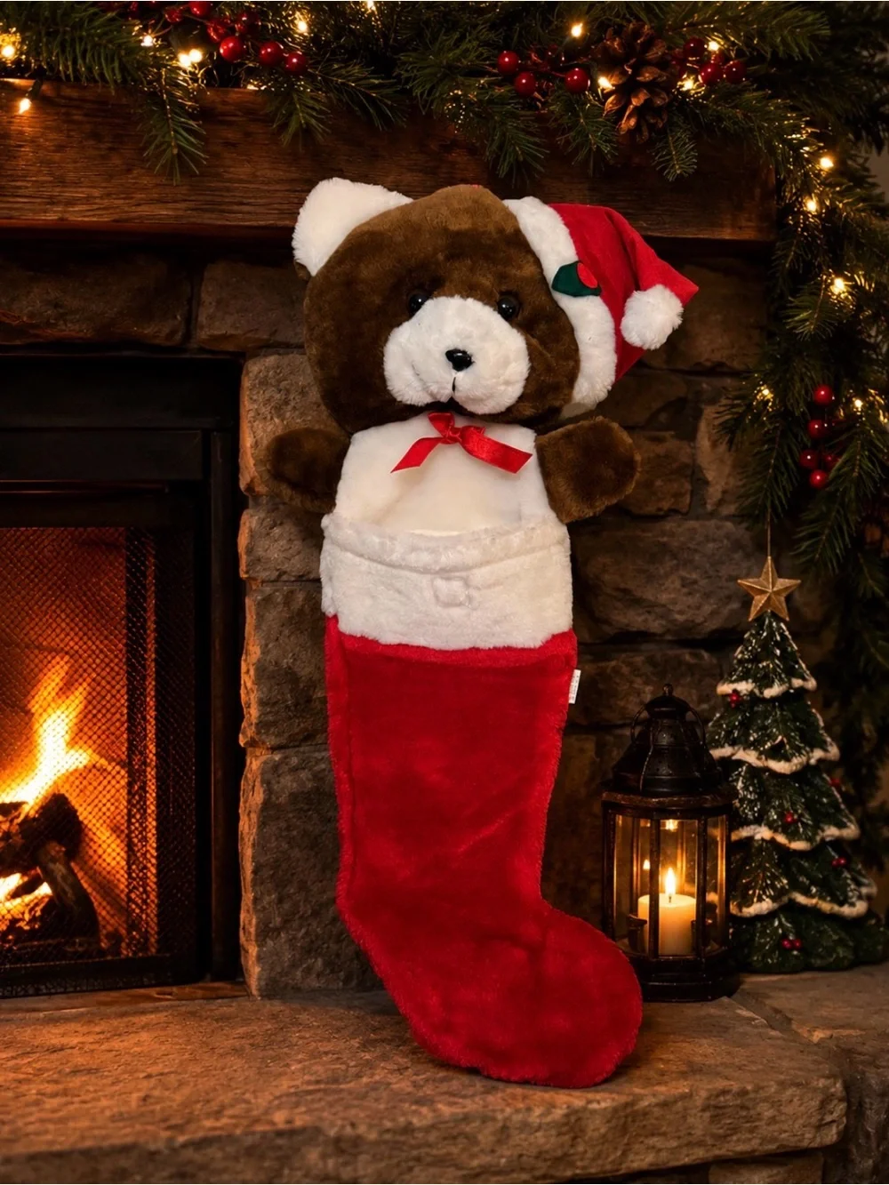 Christmas Teddy Bear Plush Stocking Red Santa Hat Holiday Hanging Stocking Decor